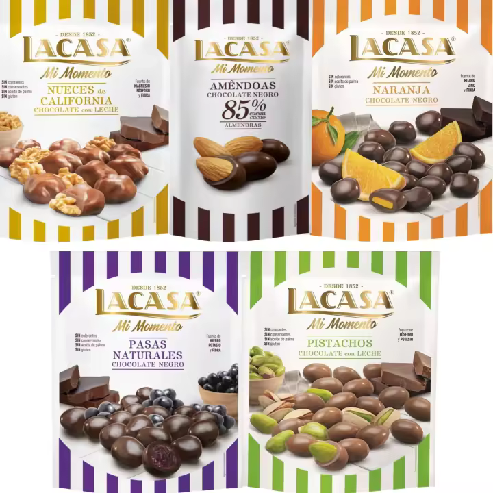 Lacasa Mi Momento pack de 5:Almendra 85% 65G,Nueces Leche 115G,Pasas choco Negro 150G,Naranja choco Negro 125G,Pistacho Leche 100G - 1