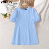 VONDA Vestido Mini De Verano Para Mujer Elegante Corto Con Mangas Flounce Estilo Casual Solido Cuello Redondo Vestido De Fiesta De Playa - details 10