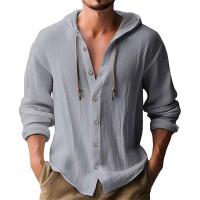 Camisa Casual Para Hombre De Color Sólido Con Capucha Y Cuerda Ajustable De Algodón Y Lino Estilo High Street Top Versátil Para El Día - details 3