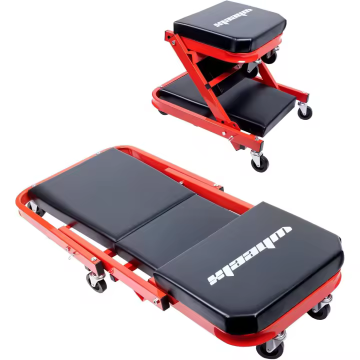 Silla mecánica plegable con ruedas, asiento Z 2 en 1 de 40 pulgadas y capacidad de 480 libras, silla de garaje ajustable con 6 ruedas, para recostarse, sentarse y reclinarse, debajo del taller de reparación de automóviles, color rojo - 1