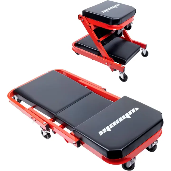 Silla mecánica plegable con ruedas, asiento Z 2 en 1 de 40 pulgadas y capacidad de 480 libras, silla de garaje ajustable con 6 ruedas, para recostarse, sentarse y reclinarse, debajo del taller de reparación de automóviles, color rojo - 1