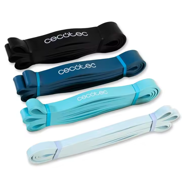Set de 4 cintas elásticas de resistencia: 15 Kg - 60 Kg, látex, con bolsa de transporte - DrumFit - 1
