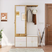 Juego de Guardarropa Elegante en Blanco y Madera-With Espejo Incorporado, Banco Zapatero with Espacio para Zapatos, Ganchos para Accesorios y Barra Colgante Extensible - details 2