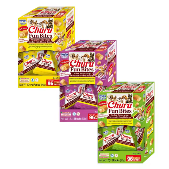 Pack de 3 Churu Dog Fun Bites – Total 24 Snacks para Perro (3 Packs de 8x12g) | Horneados y Cremosos – Sabores: Pollo con Boniato, Pollo con Queso y Pollo con Calabaza – INABA CIAO - 1