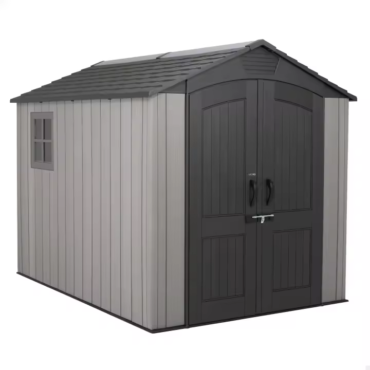 Lifetime - Caseta de jardín 5,9 m², suelo antideslizante, fabricada de polietileno HDPE, 2 ventanas, estantes incluidos, tejado inclinado, doble puerta con cerradura (candado no incluido), ideal para herramientas y almacenaje exterior - 1