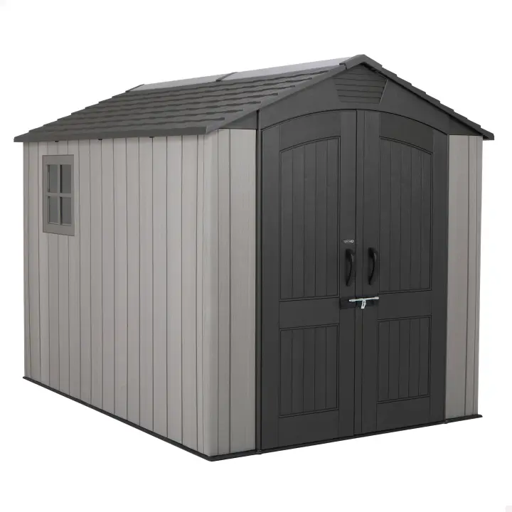 Lifetime - Caseta de jardín 5,9 m², suelo antideslizante, fabricada de polietileno HDPE, 2 ventanas, estantes incluidos, tejado inclinado, doble puerta con cerradura (candado no incluido), ideal para herramientas y almacenaje exterior - 1
