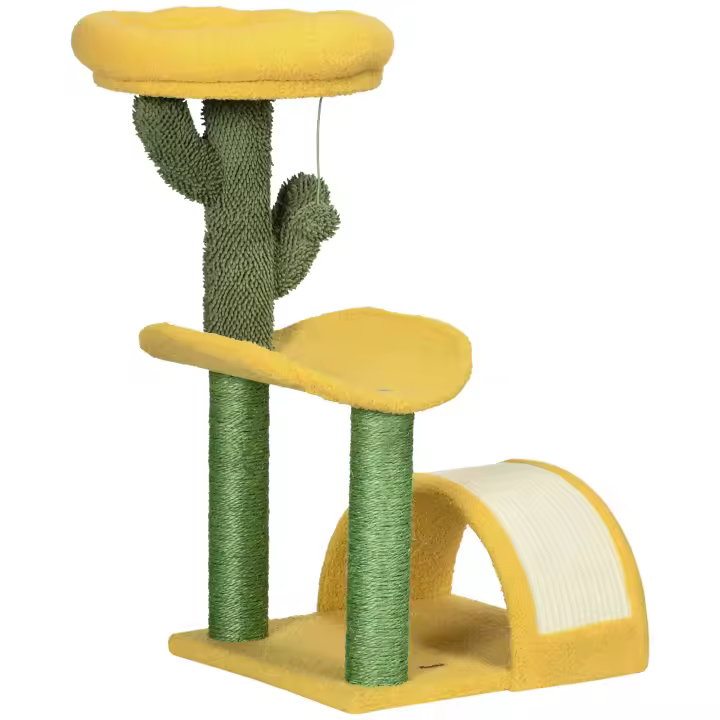 PawHut Árbol Rascador para Gatos de 72 cm Torre para Gatos Centro de Actividades para Gatitos con Cama Poste de Sisal Rascadora Curva y Bola Colgante 40x35x72 cm Amarillo - 1