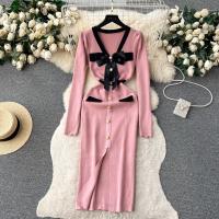 YuooMuoo Vestido Elegante Bodycon Para Mujer Con Cuello V Y Lazo Manga Larga Split Frontal Estilo Oficina Lady Chic Para Fiesta Y Trabajo - details 3