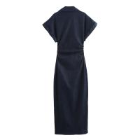 Vestido Midi De Denim Plegado TRAF Para Mujer Elegante Casual Con Manga Corta Chic Para Comunicación Diaria Vestido Midi A-Line Sin Estiramiento - details 2
