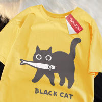 Camiseta De Algodón Oversize Para Hombres Y Mujeres Con Diseño De Gato Negro Comiendo Pescado Estilo Japonés Camiseta De Moda Imprimida Transpirable Para Verano - details 12