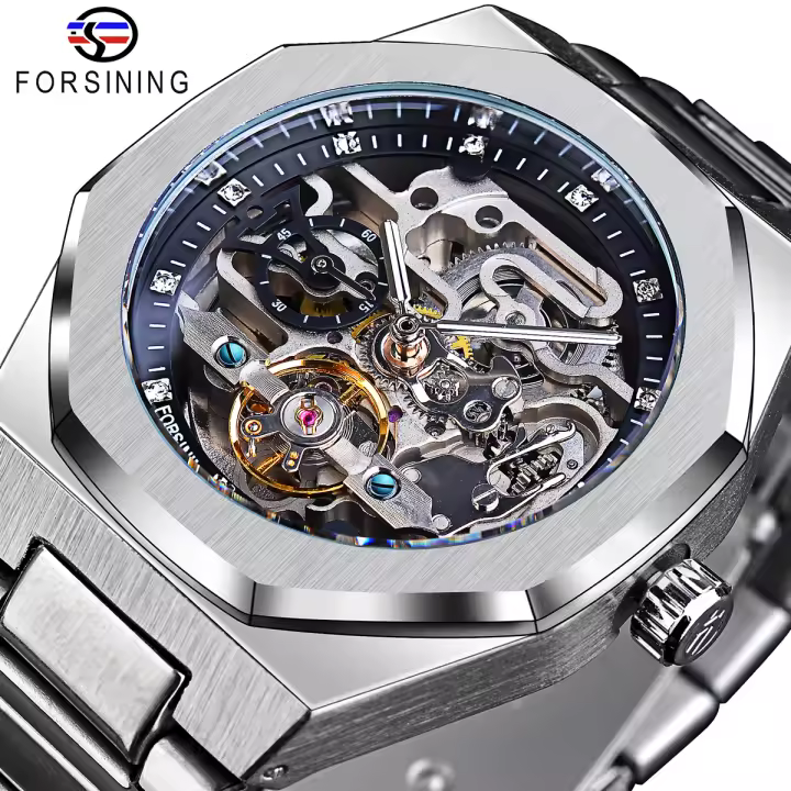 Reloj Automático Casual Forsining Para Hombre Con Diamante 3D Esqueleto Hueco Luminoso Militar Torbillón De Acero Inoxidable - 1