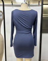 Vestido De Fiesta Para Mujer 2024 Cintura Ajustada Manga Larga V-cuello Color Sólido Falda Ajustada Folk Estilo Nocturno - details 8