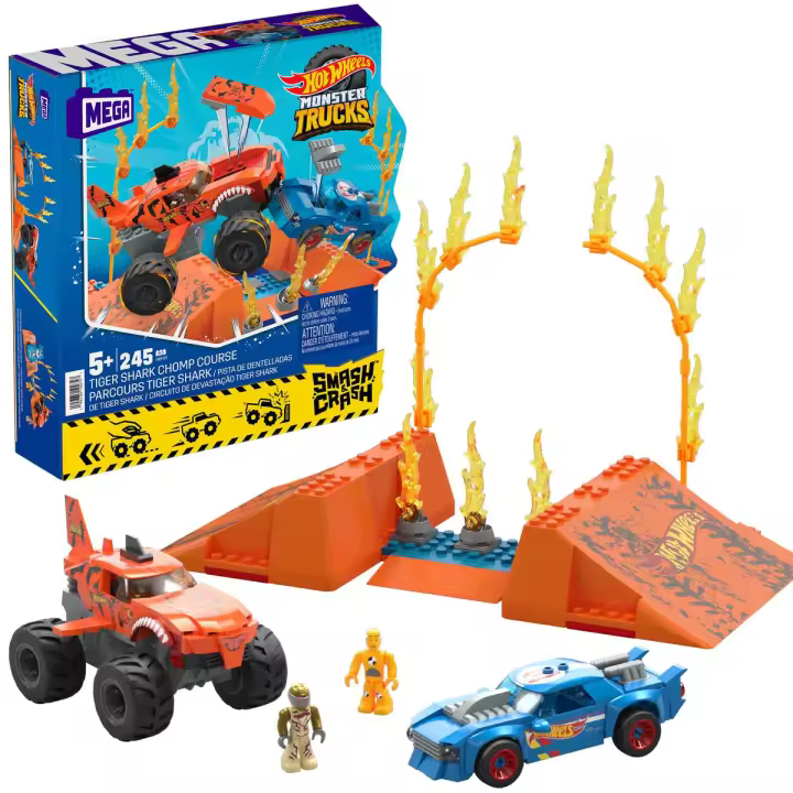 Mattel Mega Hot Wheels Smash & Crash Tiger Shark Chomp Course - Kit de Construcción 245 Piezas - 1