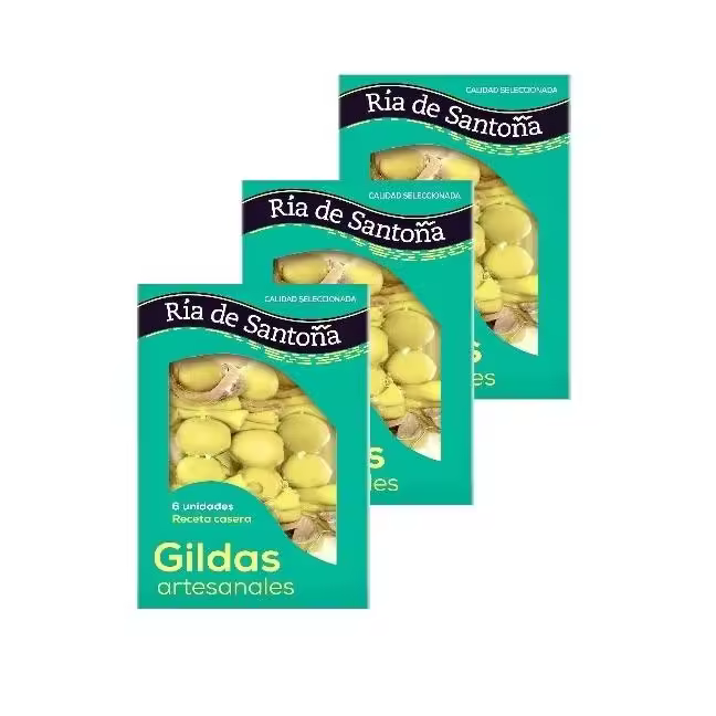 Gildas con anchoas de Santoña 6 uds, PACK 3 UNIDADES. Con guindilla, aceitunas rellenas, anchoas, aceite de girasol y sal. Ideal para aperitivos, marida con cerveza o txakoli. Prácticas y listas para disfrutar. - 1