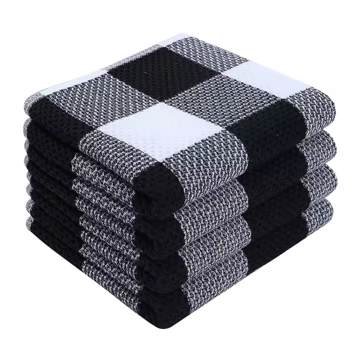 Juego de 4 paños de cocina, algodón, 33 x 71 cm, paños de cocina suaves, paños de cocina absorbentes, paños de cocina, paño de cocina con estampado de cuadros sin pelusa, paños de limpieza, blanco y negro - 1