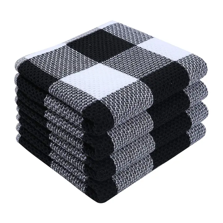 Juego de 4 paños de cocina, algodón, 33 x 71 cm, paños de cocina suaves, paños de cocina absorbentes, paños de cocina, paño de cocina con estampado de cuadros sin pelusa, paños de limpieza, blanco y negro - 1