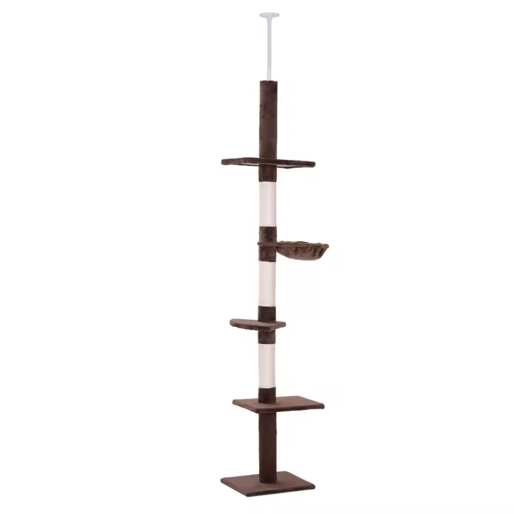 PawHut Árbol Rascador para Gatos 40x34x230-260 cm Árbol Escalador de Gato para Fijar al Techo Altura Ajustable con Plataformas Hamaca y Postes de Sisal Beige - 1
