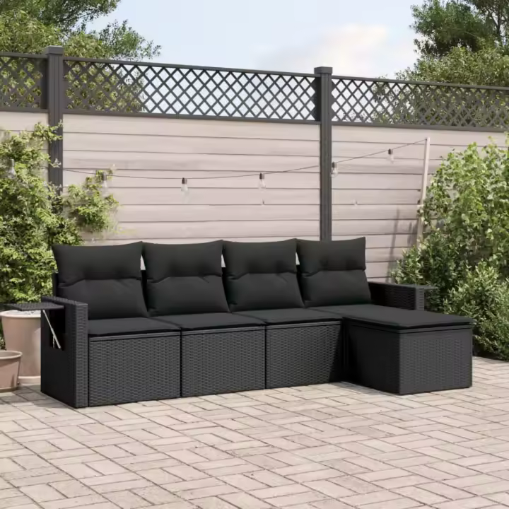 vidaXL Set de muebles de jardín 5 pzas y cojines ratán sintético negro - 1
