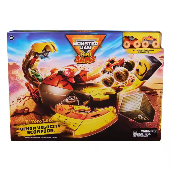 SPIN MASTER - MONSTER JAM - Escenario EL Toro Loco Venom Velocity Scorpion+ Mini JAMS Toro Loco Y MAX-D Monster DE Metal Escala 1:87-6069752-Monster Truck-Coches para Niños -Juegos Infantiles- Juguetes Niños +3 años - 1