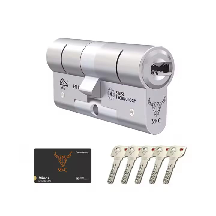 M&C Minos Cerradura Puerta Bombín Alta Seguridad 32x32mm MC Anti Topolino Doble Embrague Leva Larga Certificación Seguridad Máxima SKG 3 Estrellas Anti Bumping Resistente Taladro Tecnología Suiza Color Plateado 5 Llaves Incluidas - 1