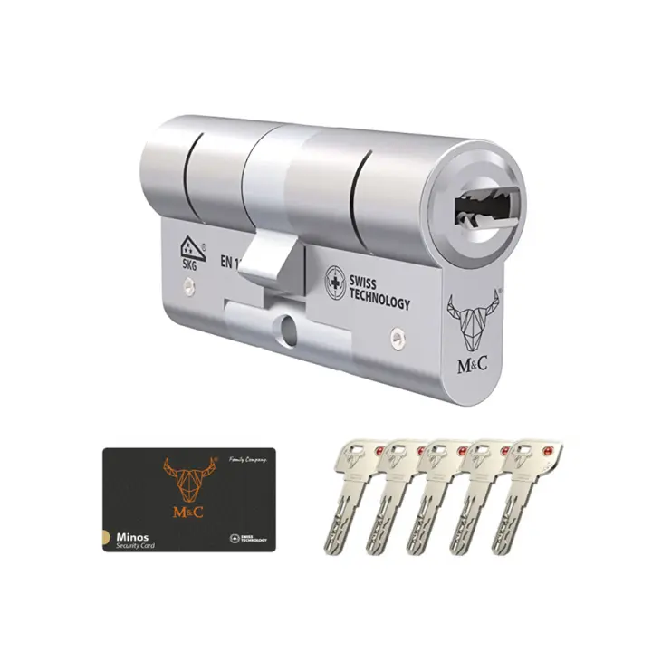 M&C Minos Cerradura Puerta Bombín Alta Seguridad 32x32mm MC Anti Topolino Doble Embrague Leva Larga Certificación Seguridad Máxima SKG 3 Estrellas Anti Bumping Resistente Taladro Tecnología Suiza Color Plateado 5 Llaves Incluidas - 1