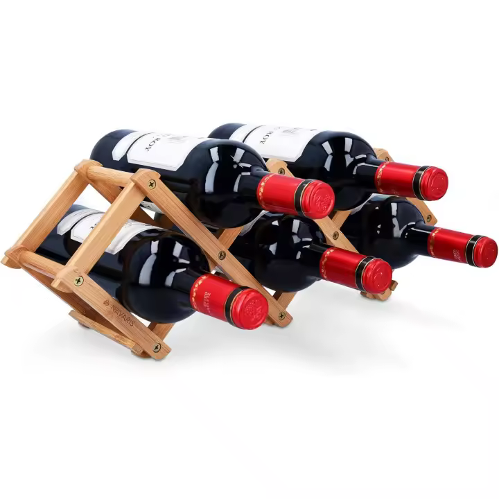 Estante para almacenar botellas de vino - Botellero pequeño de bambú para 5x botella - Estantería pequeña plegable - Soporte para vinos - 1