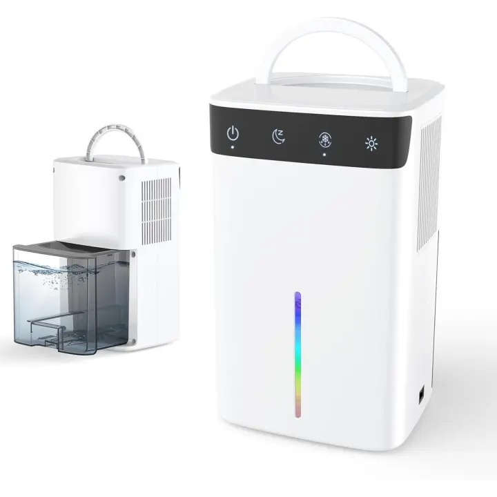 Deshumidificador de 2600 ml, deshumidificador pequeño, descongelación automática, con 7 colores de luz nocturna, modo de sueño, descongelación automática, para dormitorio, baño, armario y - 1