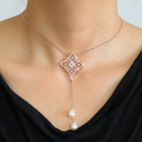 Collar Largo Elegante ZAKOL Con Zirconia Geométrica Y Perla Imitada Colgante De Moda Para Mujer Joyería De Boda - details 3