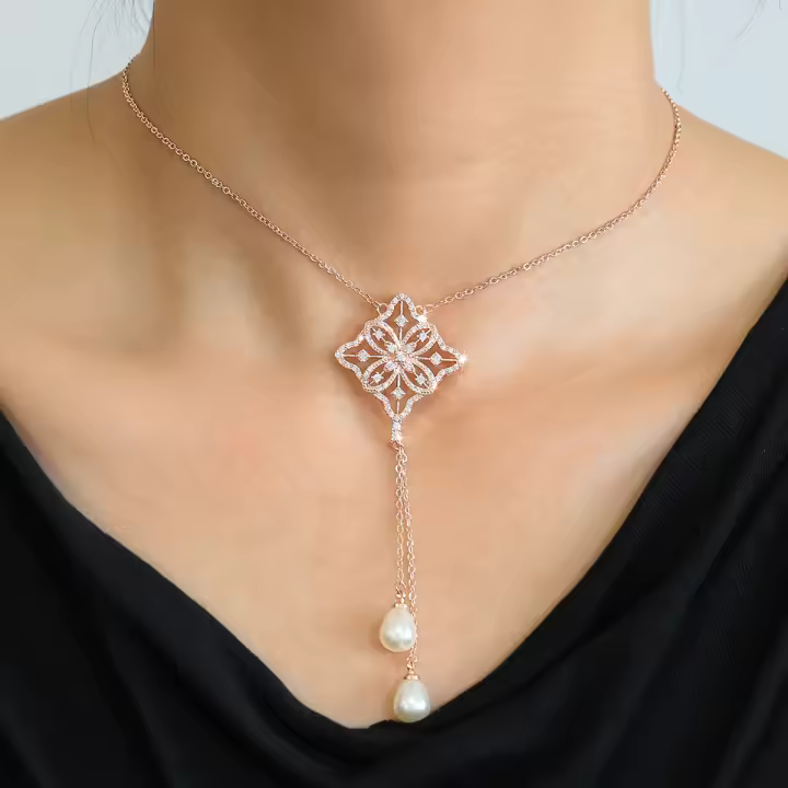 Collar Largo Elegante ZAKOL Con Zirconia Geométrica Y Perla Imitada Colgante De Moda Para Mujer Joyería De Boda - 1