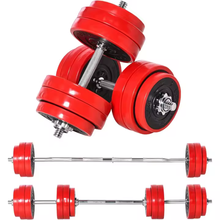 Juego de Mancuernas 30 kg Ajustables 2 en 1 con 12 Discos 2 Barras y Biela Ajustable para Entrenamiento de Fuerza Levantamiento de Pesas Hogar Gimnasio Oficina Negro y Rojo - 1
