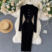 Vestido REALEFT De Punto Para Mujer Con Cuello Alto Y Mangas Largas Estampado Sólido Estilo Casual Vestido De Abrazo Largo Hasta La Rodilla Para Otoño E Invierno - details 29