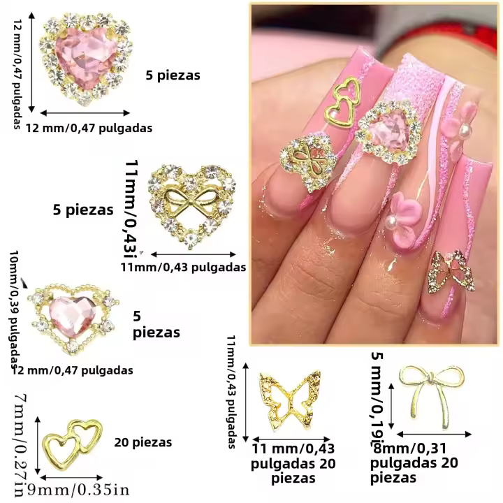 75PCS Encantos De Uñas Dorados Con Diamantes Rosa Hermoso Y Brillante Joyería De Uñas Para Mujer Manicura Decoración De Uñas Con Corazones Y Lazos - 1