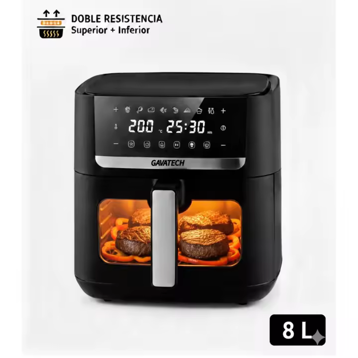 GAVATECH  Freidora de Aire 8L, 1800W de Alta Potencia, Doble Resistencia (Calor Superior e Inferior), Ventana de Visualización, Panel Táctil LED y Cesta Antiadherente. - 1
