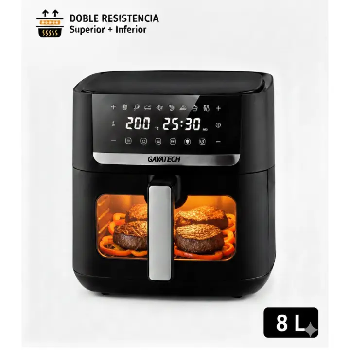 GAVATECH  Freidora de Aire 8L, 1800W de Alta Potencia, Doble Resistencia (Calor Superior e Inferior), Ventana de Visualización, Panel Táctil LED y Cesta Antiadherente. - 1