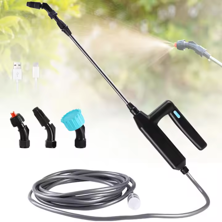 Pulverizador eléctrico de Jardín con 3 Boquillas y Manguera de 5 m, recargable por USB, para protección de Plantas, deshierbe y lavado de vehículos (7,4 V) - 1