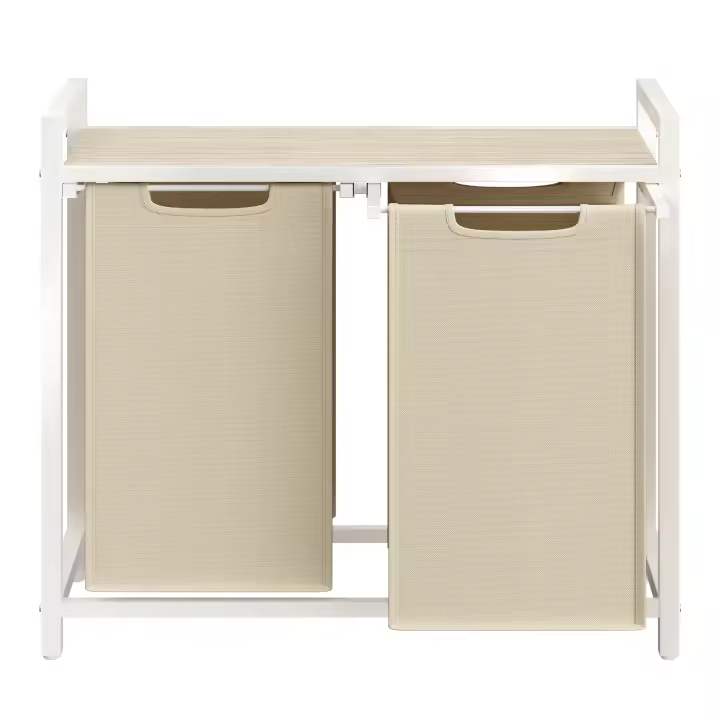 VASAGLE Cesta para la ropa sucia, 2 compartimentos, con 2 bolsas de tela Oxford extraíbles, marco de metal, Marrón Rústico y Negro/Blanco y Gris Claro/Marrón Rústico y Gris/Negro Tinta Gris Paloma y Marrón Rústico/Beige Capuchino y Beige Natural - 1