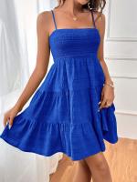 Vestido De Verano Para Mujer Con Hombros Alargados Y Cuello En V De Color Sólido Textura Versátil Vestido De Rodilla Ajustado Y Flare - details 6