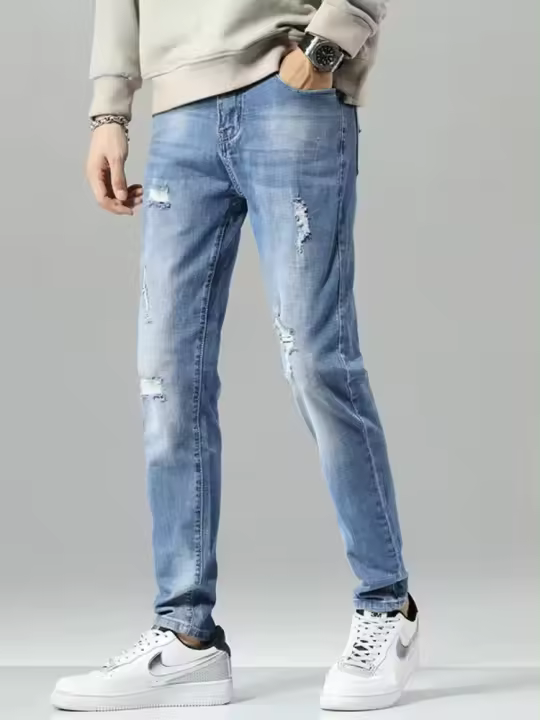 Jeans Skinny Para Hombre Con Agujeros Y Desgaste En Azul Destacados Pantalones De Denim Para Calle Moda Hip Hop Talla Media Longitud Completa - 1