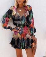 Vestido Mini De Mujer Primavera Moda Con Estampado Floral Manga Larga Cuello V Estilo Casual Vestido De Manga Farol Con Volantes Cintura Ajustada - details 11