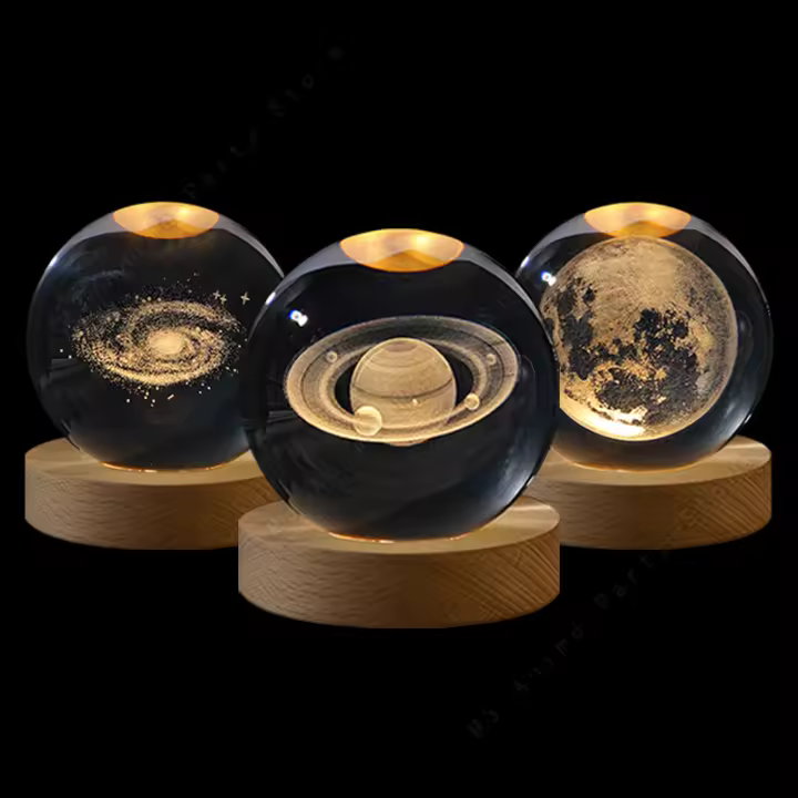 Lámpara De Noche En Cristal 3D LED Lámpara De Mesa Para Cama Regalo De Cumpleaños Para Niños Galaxia Saturno Planetas Luna 5cm - 1