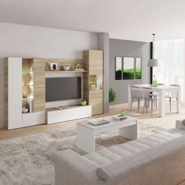 Miroytengo Pack Completo Muebles Salón Con Led Color Canadian Y Blanco Moderno (mueble + Mesa De Centro + Mesa Comedor)
