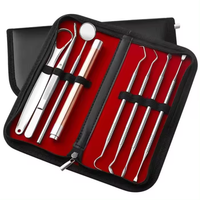 Kit de herramientas de hesiene dental Kit de Dientes de Maple inoxidable Escáner de higiene de Placa Gancho de Selección Raspador Pinzas - 1