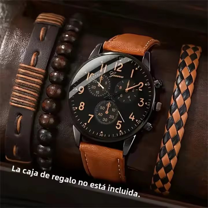 Reloj De Cuarzo Para Hombre Con Correa De Cuero Sintético Marrón Y Pulsera Simple Mostrador De Fecha No Impermeable Movimiento De Zinc Al - 1