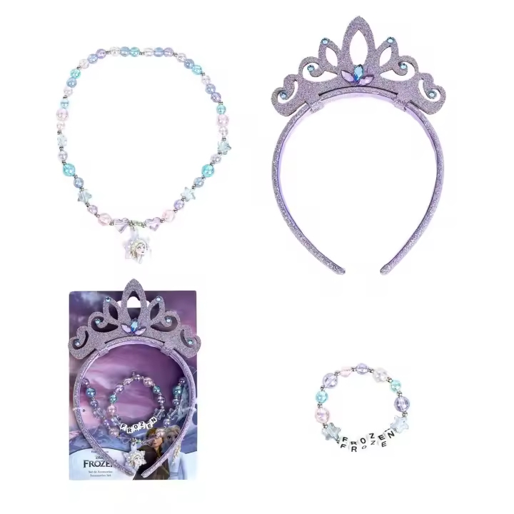 Set de Bisutería Frozen para Niñas, Pack de 3 Piezas, Diadema con Brillos, Collar y Pulsera de Perlas en Tonos Pastel, Temática Princesa, Ideal para Juegos de Imitación y Disfraces - 1