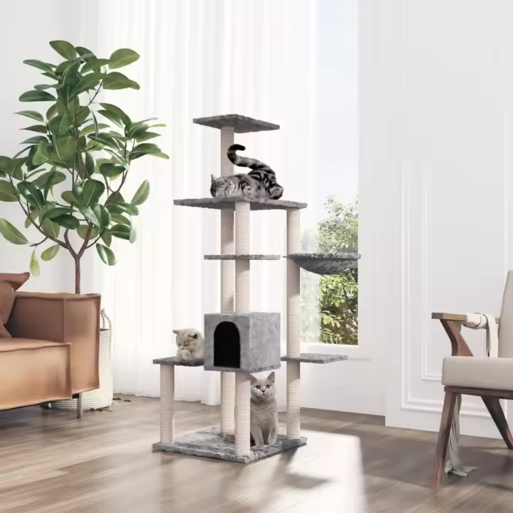vidaXL Rascador para Gatos con Postes de Sisal 142 cm Juguete Torre Color Crema,  Gris claro,  Gris oscuro y mas - 1