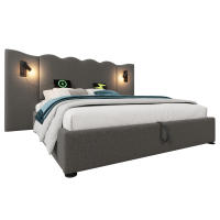 Cama tapizada Twin 160x200 with Luz de Lectura y Carga USB Typo-C, somier de almacenamiento with Marco de listones de Madera maciza y metal, Gris, Linen (with colchón). - details 0