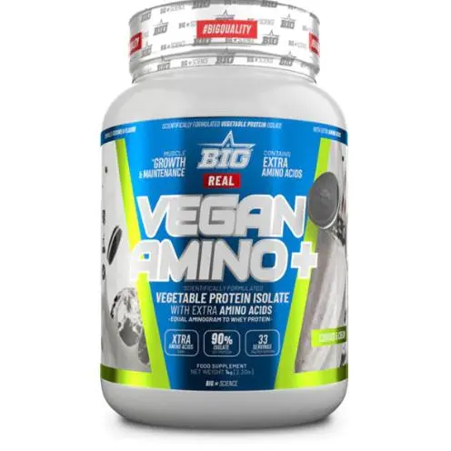 VEGAN AMINO PLUS 1KG COOKIES & CREAM - Big / Oreo  Baja en azúcares  Proteína vegetal  Alta calidad  Real vegan amino - 1