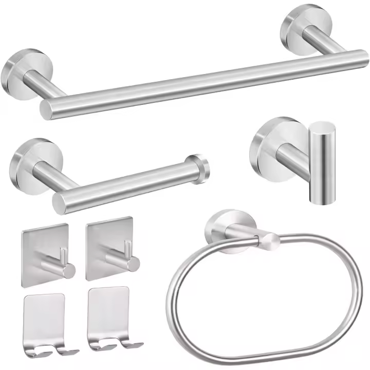 Juego de Accesorios para Baño de Acero Inoxidable (8 Piezas) - Incluye Toallero, Portarrollos de Papel Higiénico, Anillos para Toallas, Ganchos para Bata y Soporte para Maquinilla de Afeitar - Soportes Adhesivos Fuertes Sin Necesidad de Perforar - 1
