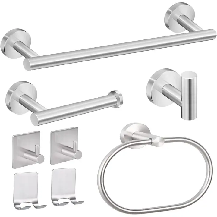 Juego de Accesorios para Baño de Acero Inoxidable (8 Piezas) - Incluye Toallero, Portarrollos de Papel Higiénico, Anillos para Toallas, Ganchos para Bata y Soporte para Maquinilla de Afeitar - Soportes Adhesivos Fuertes Sin Necesidad de Perforar - 1