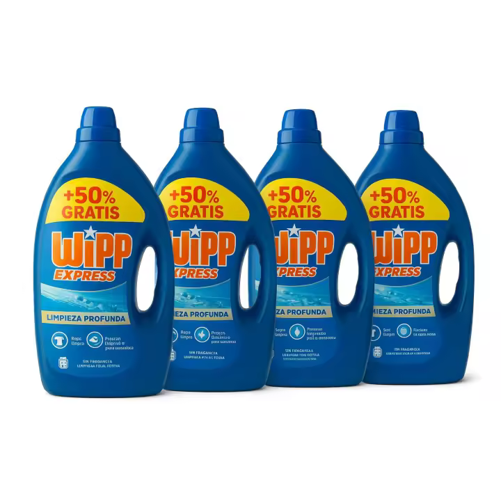 Wipp Express Limpieza Profunda | Pack 4 Botellas de 2,38L  cada botella (53 Lavados c/u = 212 Lavados) +50% Gratis | Detergente Líquido Ropa Limpia y Fresca 4 Botellas para una limpieza efectiva y duradera. - 1